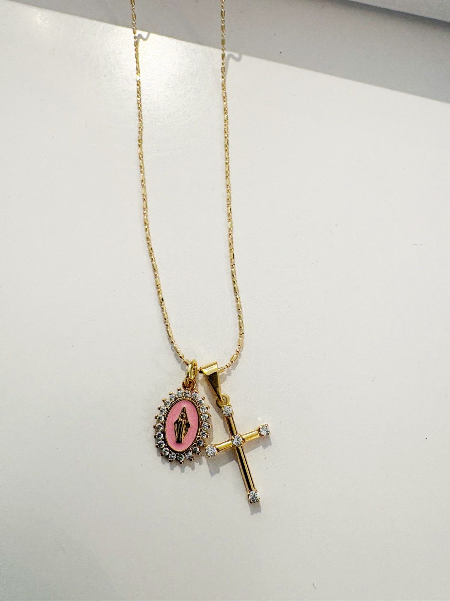 Virgin Mary Multi Charm Necklace {Gold/Lt Pink}