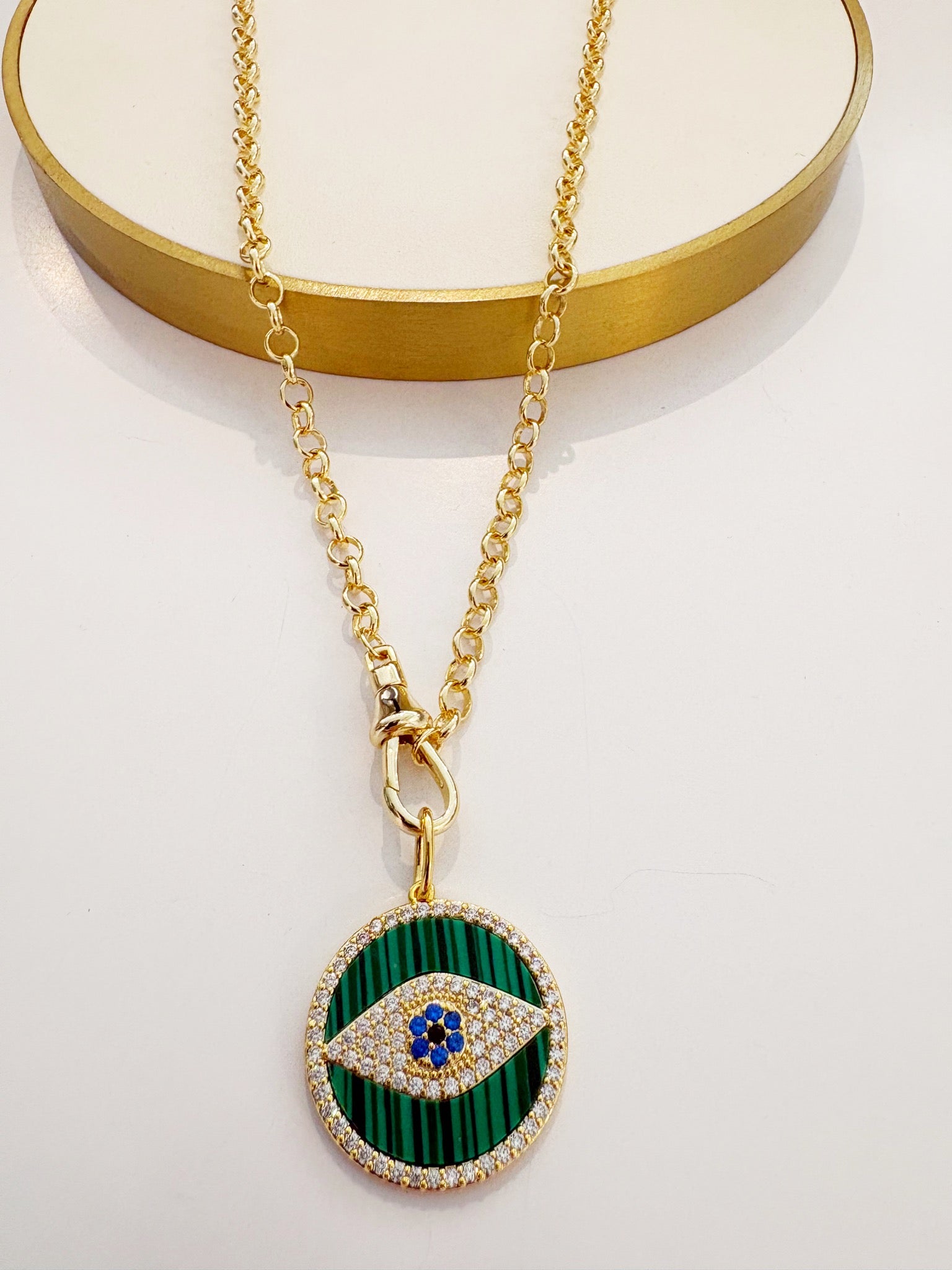 Malachite Evil Eye Medallion Hook Necklace {Gold}