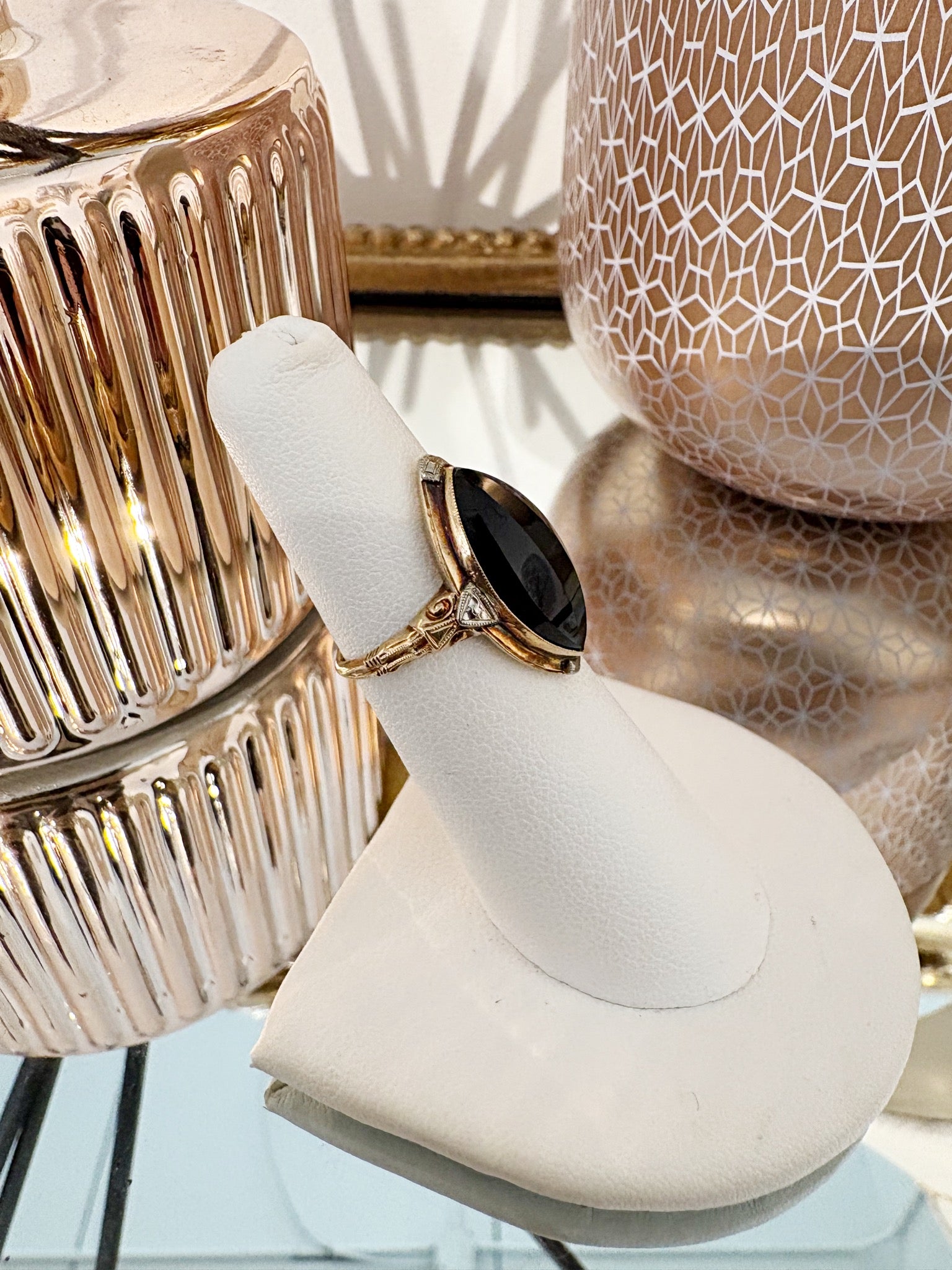 Onyx Faceted Navette Onyx Ring {10k/Estate}