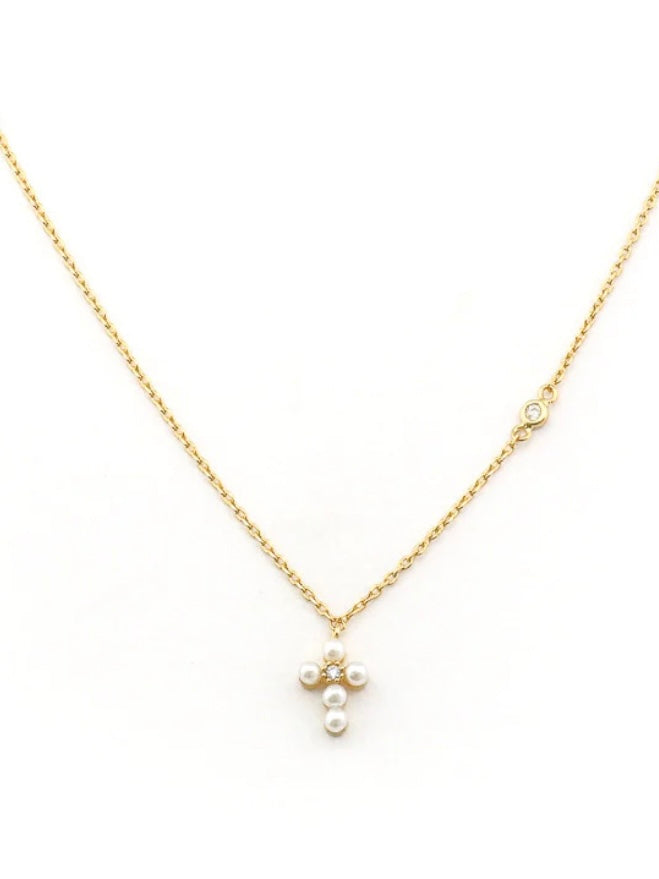 Mini Pearl Cross Necklace {Gold}