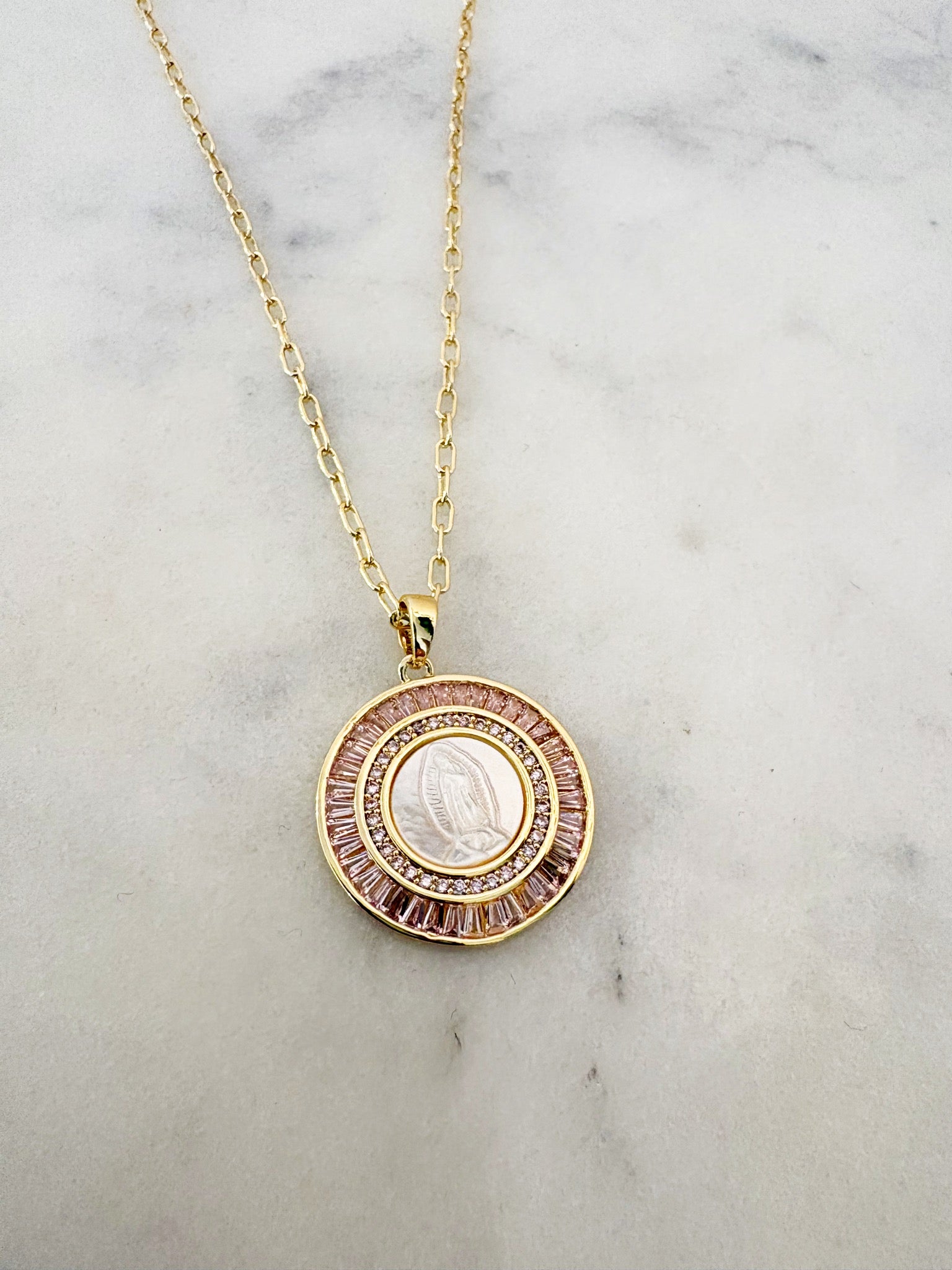 Pearl Mother Mary Pendant Necklace {Gold/Pink}