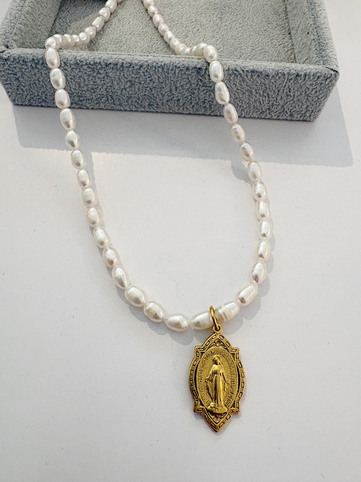 Sacred Beaded Pearl Necklace {Gold/Unique Mary}