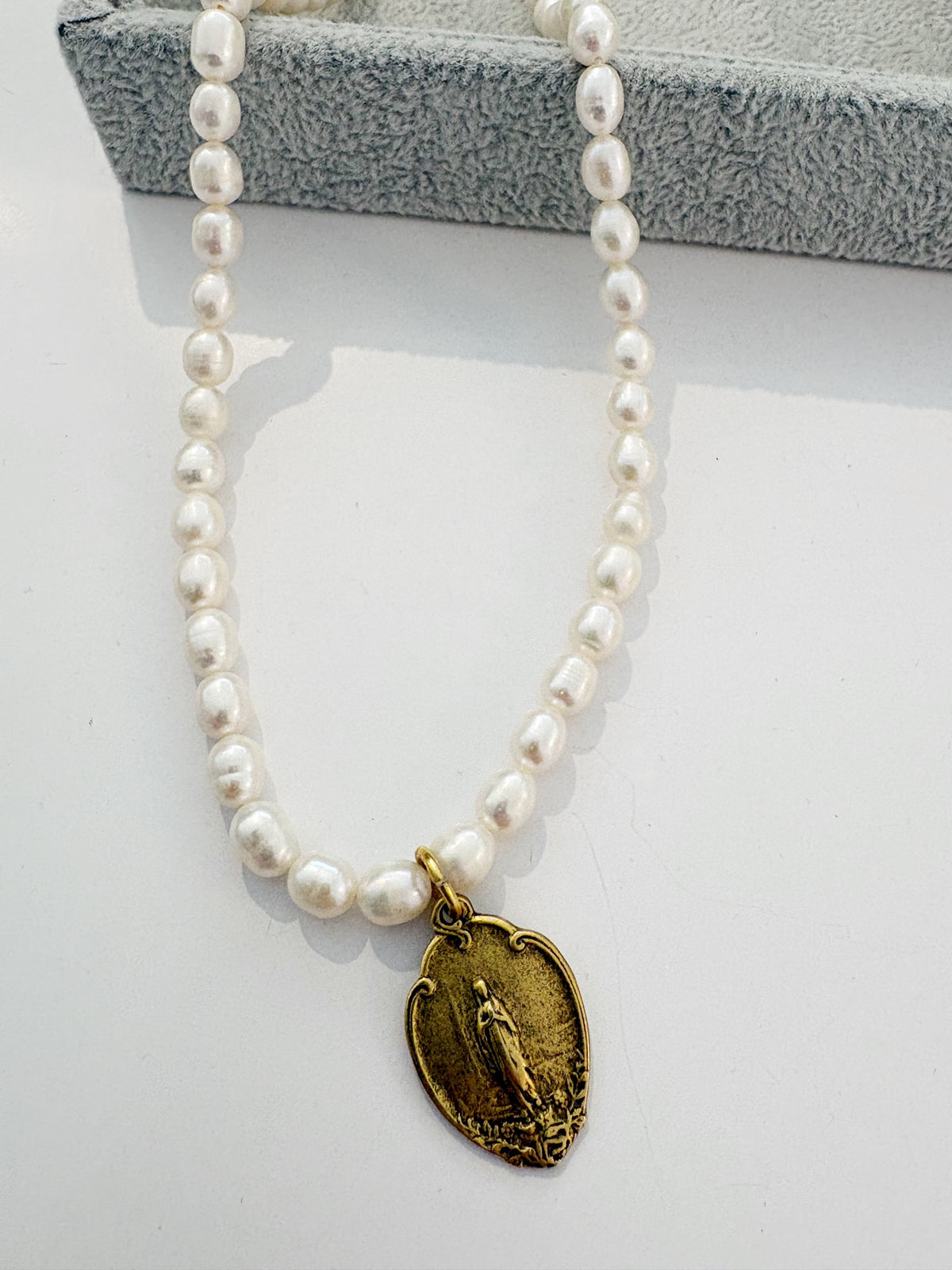 Sacred Beaded Pearl Necklace {Gold/Shield of Mary}