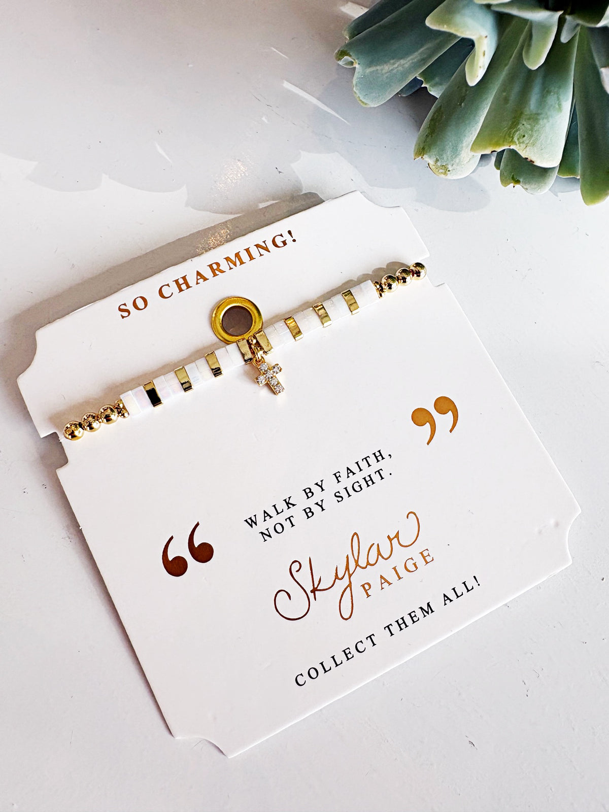 So Charming Cross Beaded Bracelet {Gold/White}