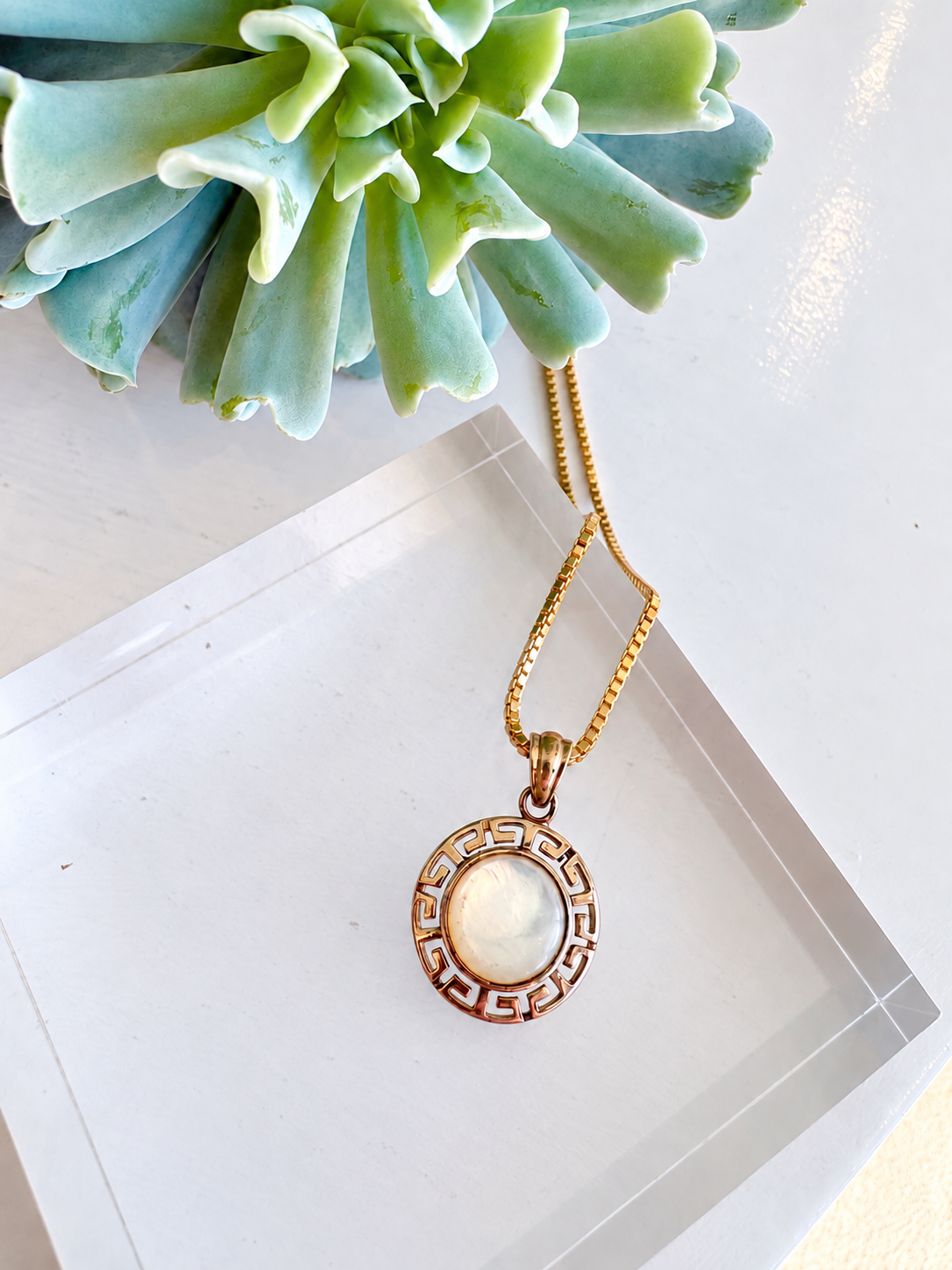 Mother of Pearl Greek Medallion Necklace {Gold/Estate}
