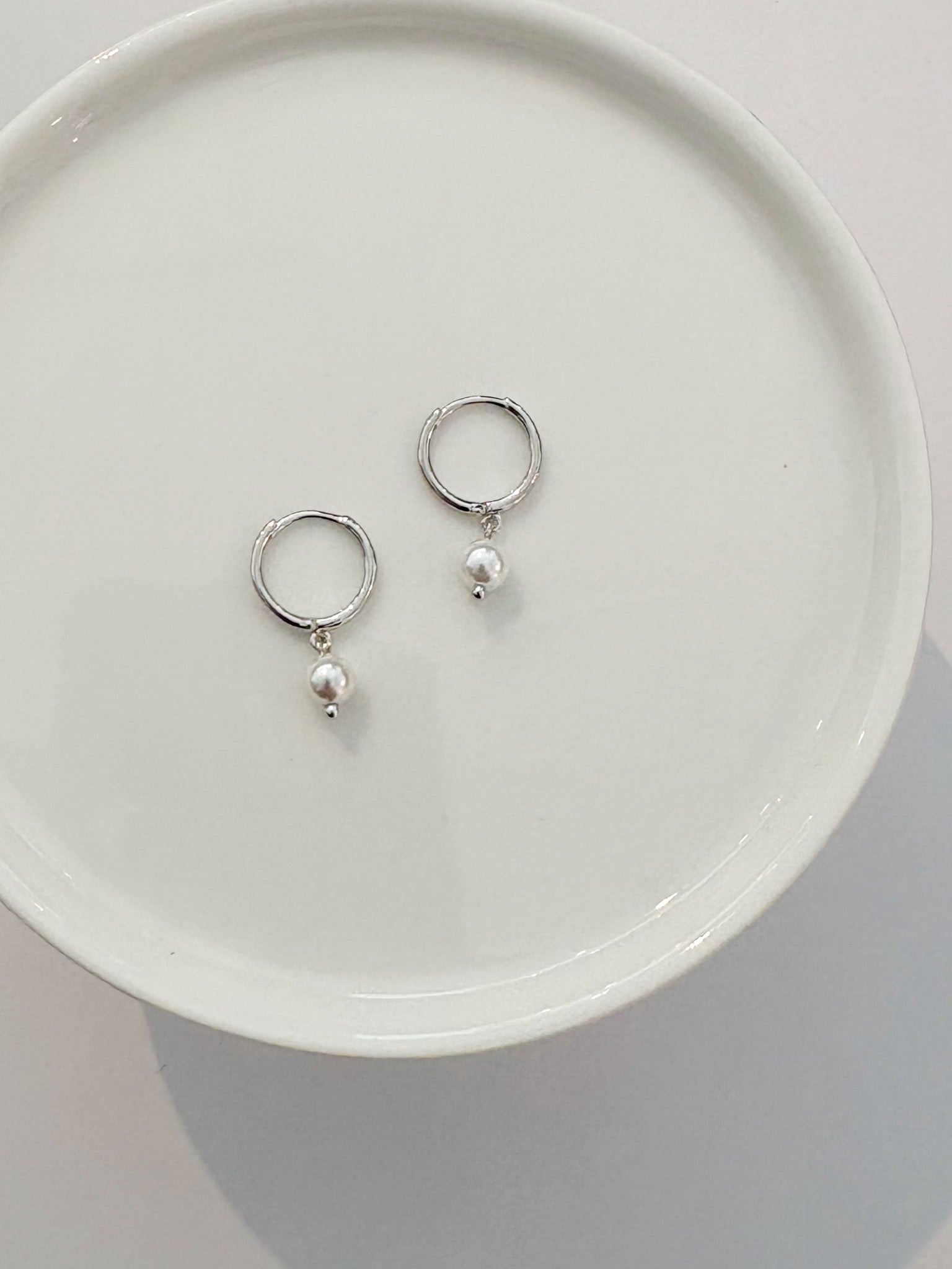 Dainty Pearl Charm Huggie Earrings {Silver}