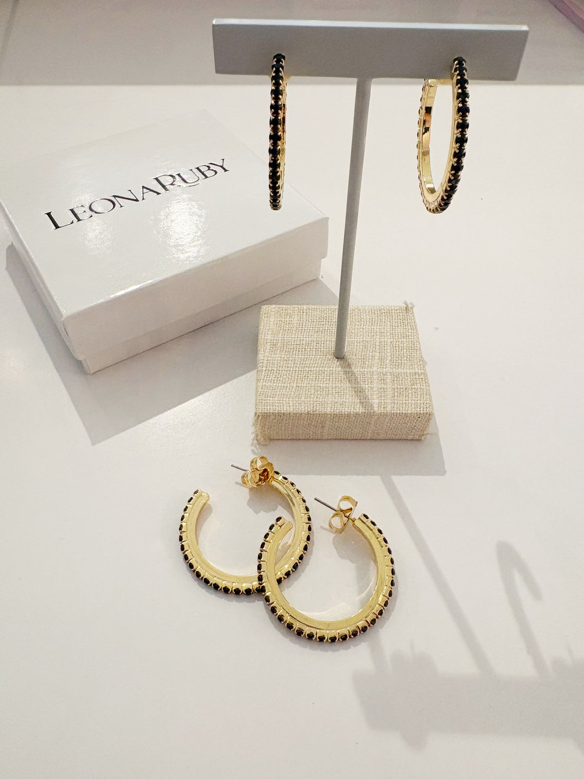 Slim Crystal Hoop Earrings {Gold/Black}