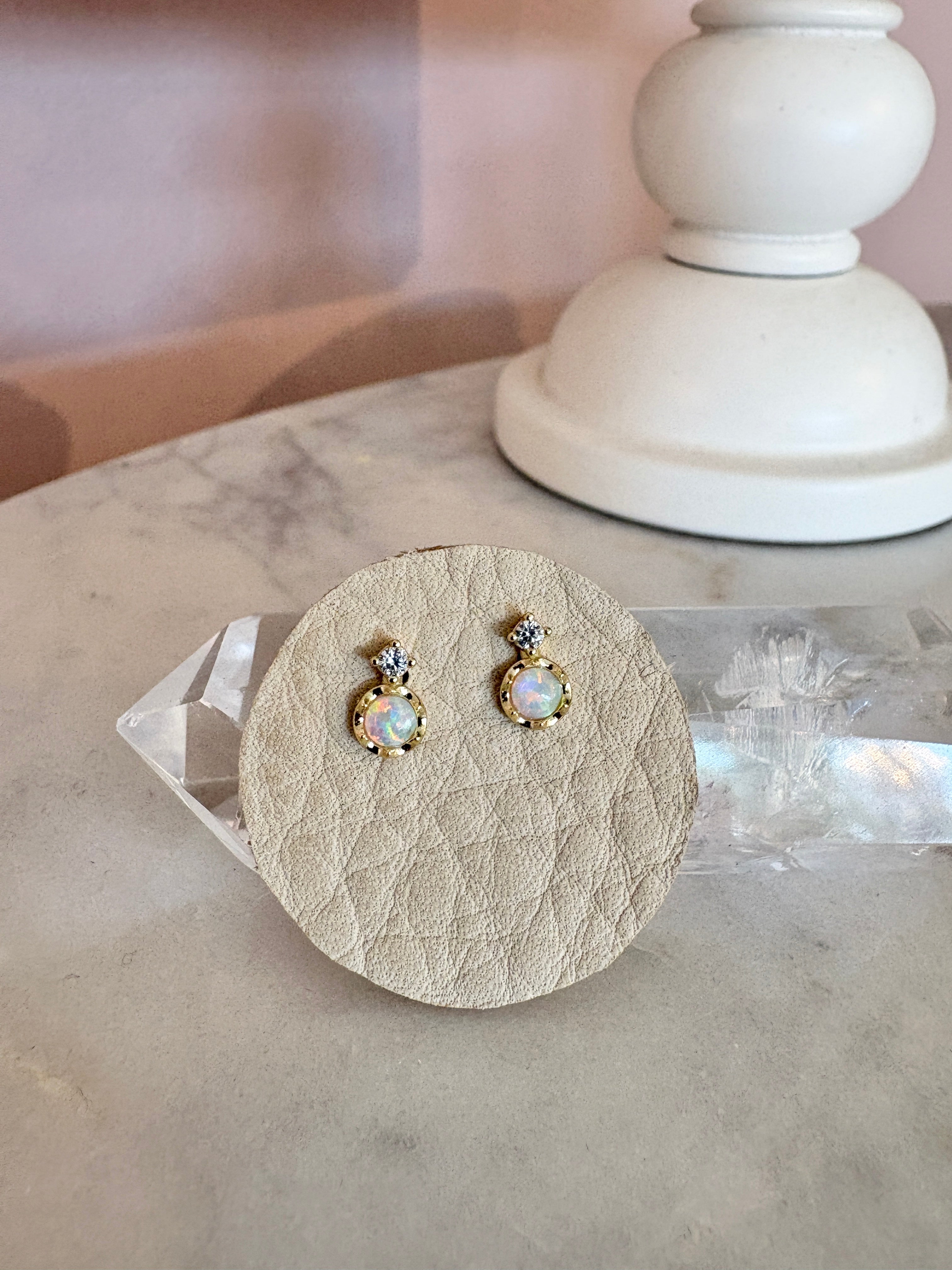 Textured Bezel Opalite Stud Earring {Gold}