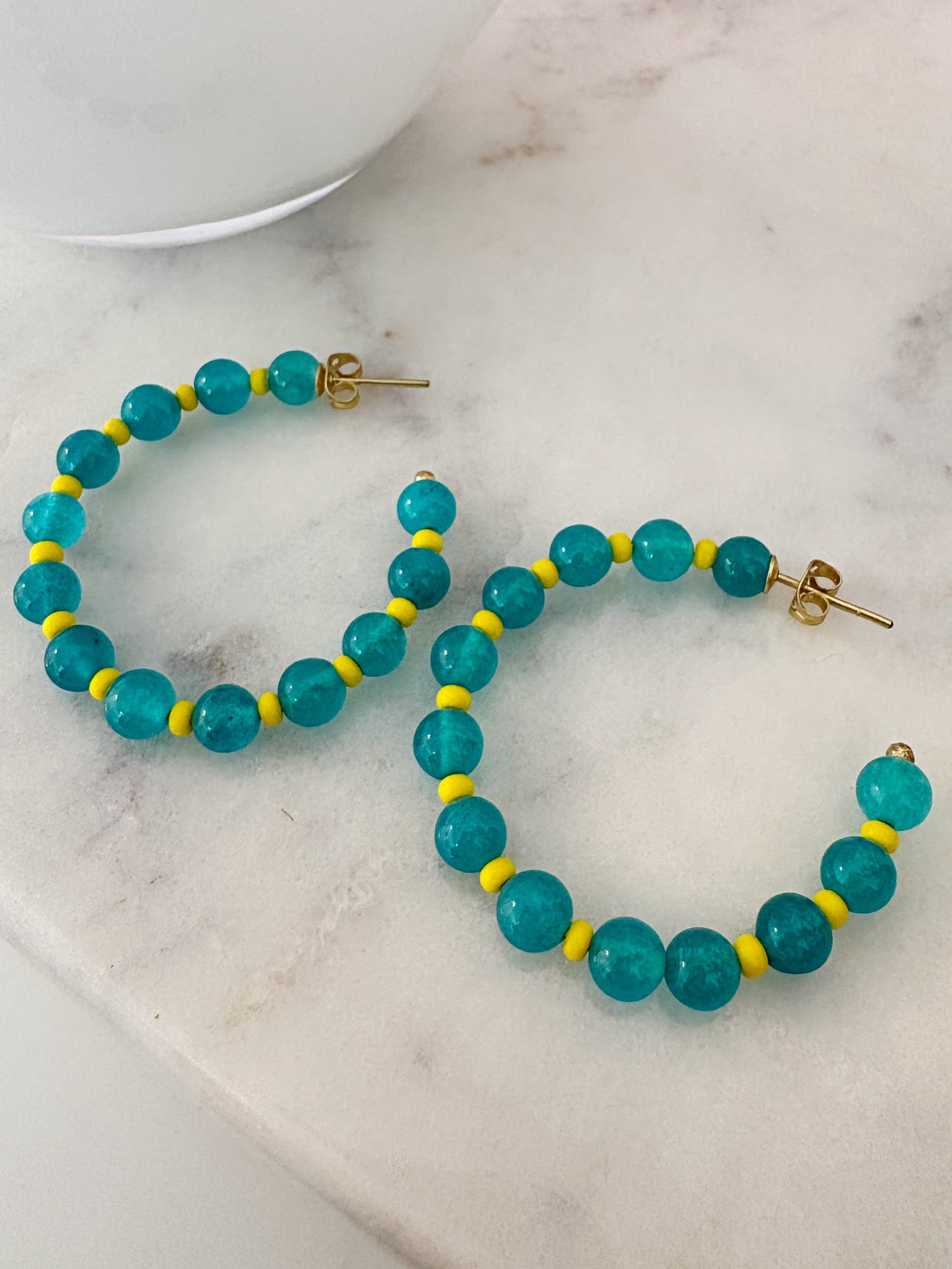 Angela Round Stones With Alternating Seed Bead Hoop Earrings {Turquoise/Yellow}