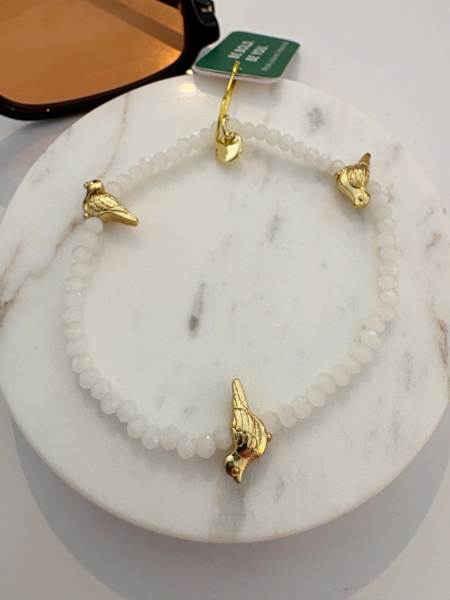 Janie Crystal Stretch Bracelet With Brass Bird Charms {Gold/White}