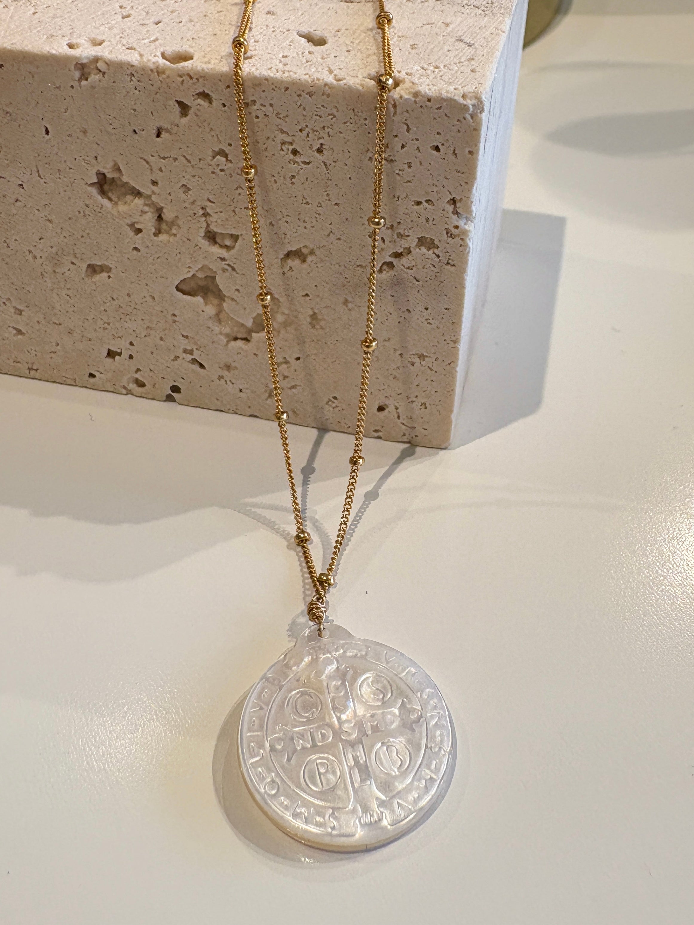 St Benedict Mother of Pearl Medallion Necklace {Gold}