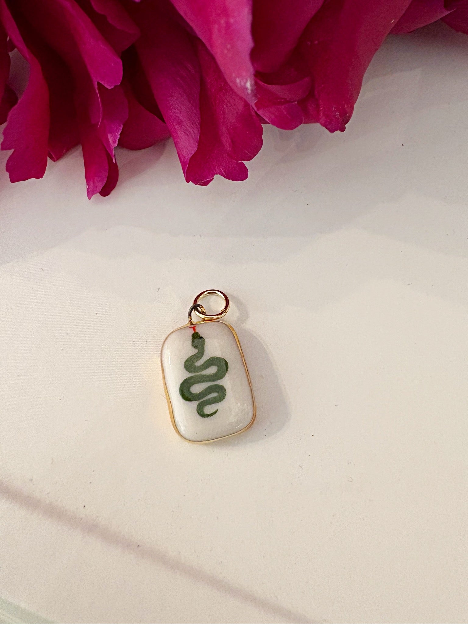 Green Snake Porcelain Charm {Gold}