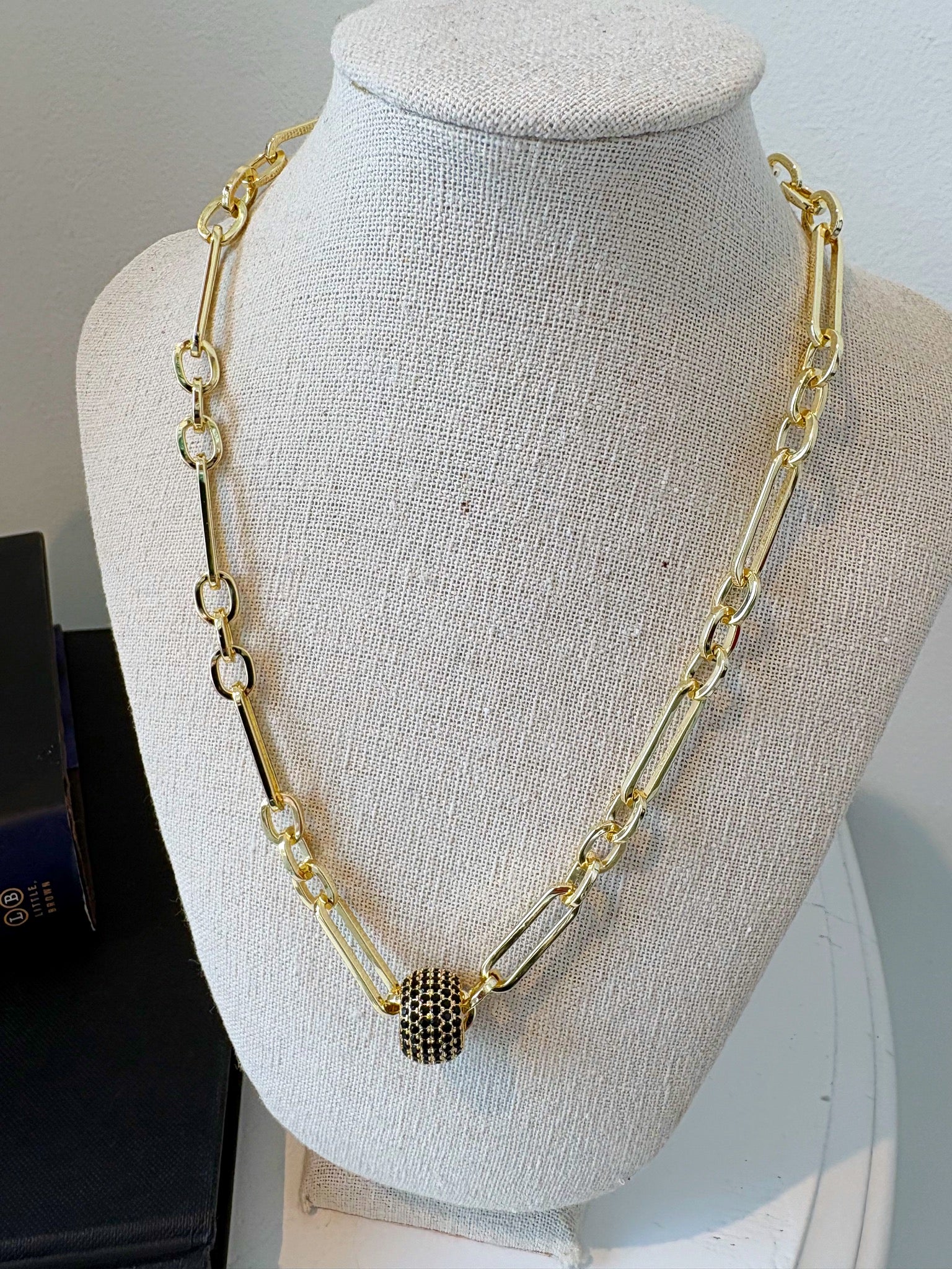Elongated Paperclip & Pave Bead Charm {Gold/Black}
