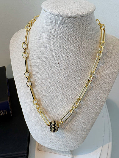 Elongated Paperclip & Pave Bead Charm {Gold/Black}