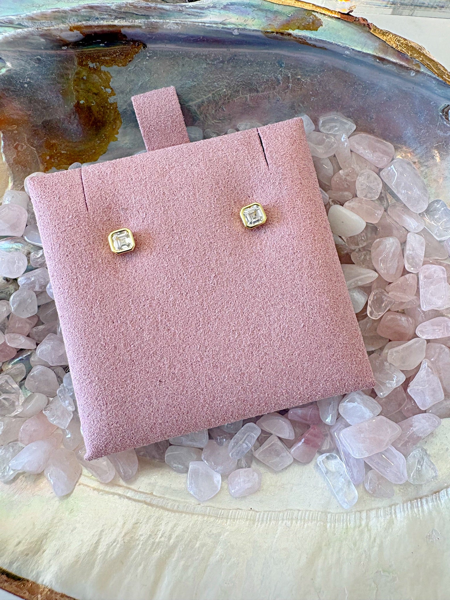 Sparkle Square Bezel Stud Earring {Gold}