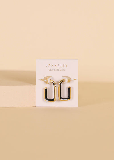 Black Enamel Rectangle Hoop Earrings {Gold}