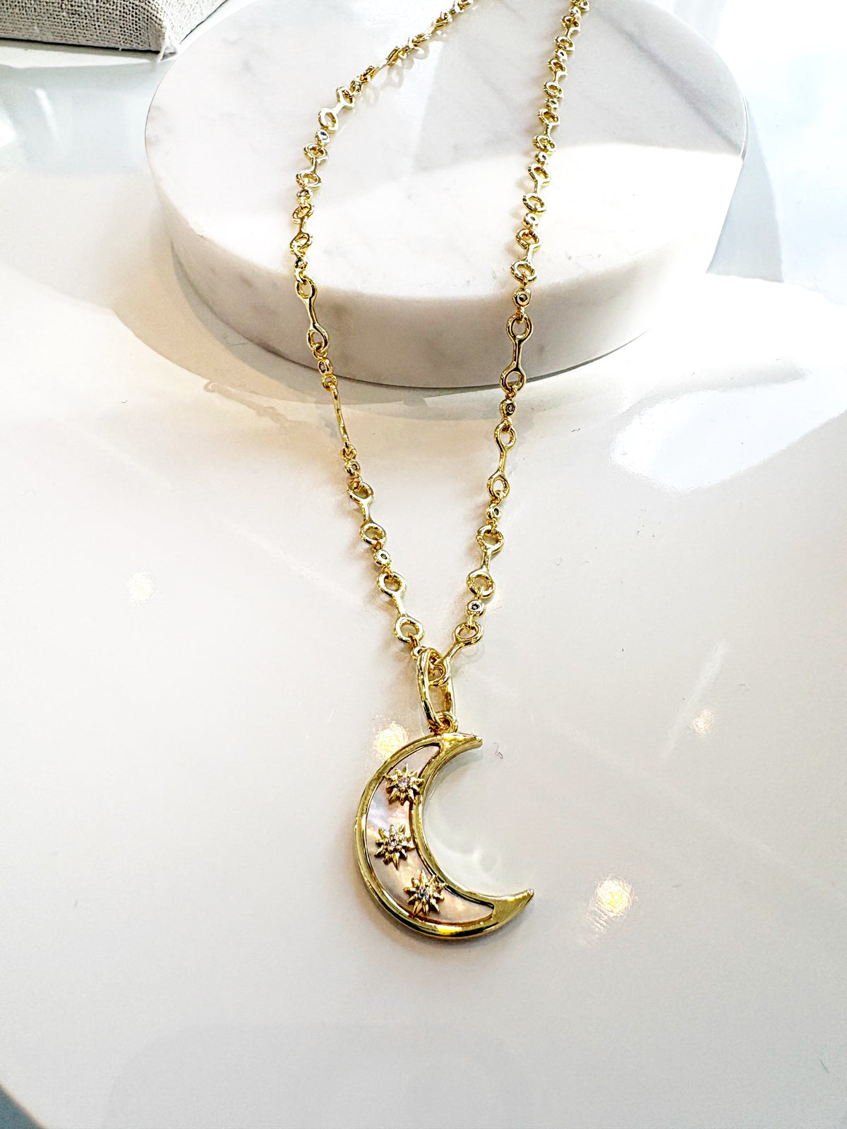Bone Link Necklace with Moonlight Glow Pendant {Gold}