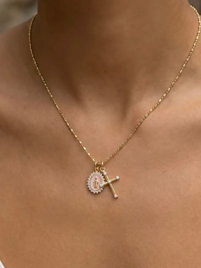 Virgin Mary Multi Charm Necklace {Gold/Lt Pink}