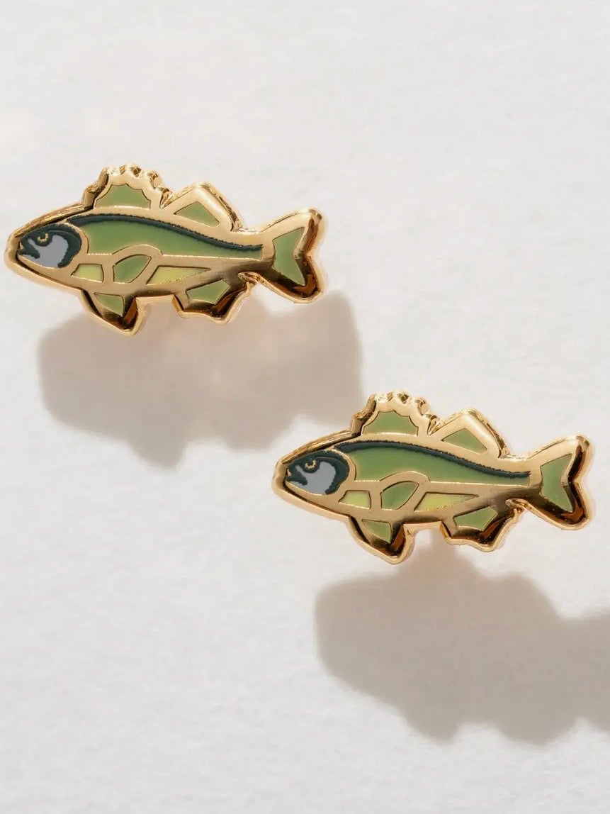 Bass Fish Enamel Stud Earrings {Gold}
