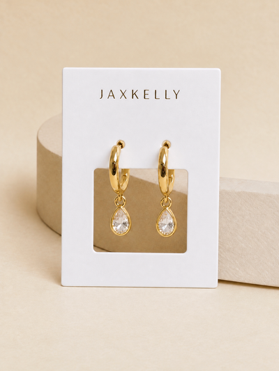 Teardrop Charm Hoop Earrings {Gold/White}