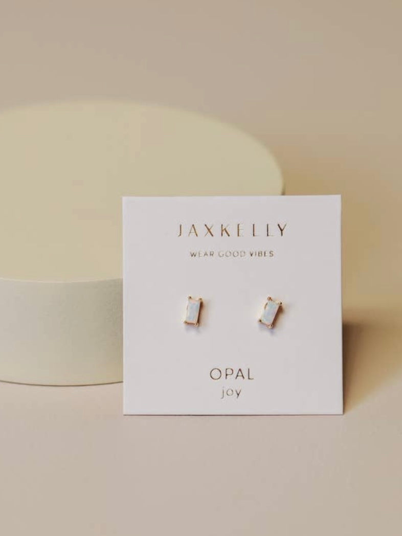 White Opal Baguette Post Earrings {Gold}