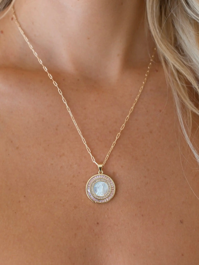 Pearl Mother Mary Pendant Necklace {Gold/Pink}