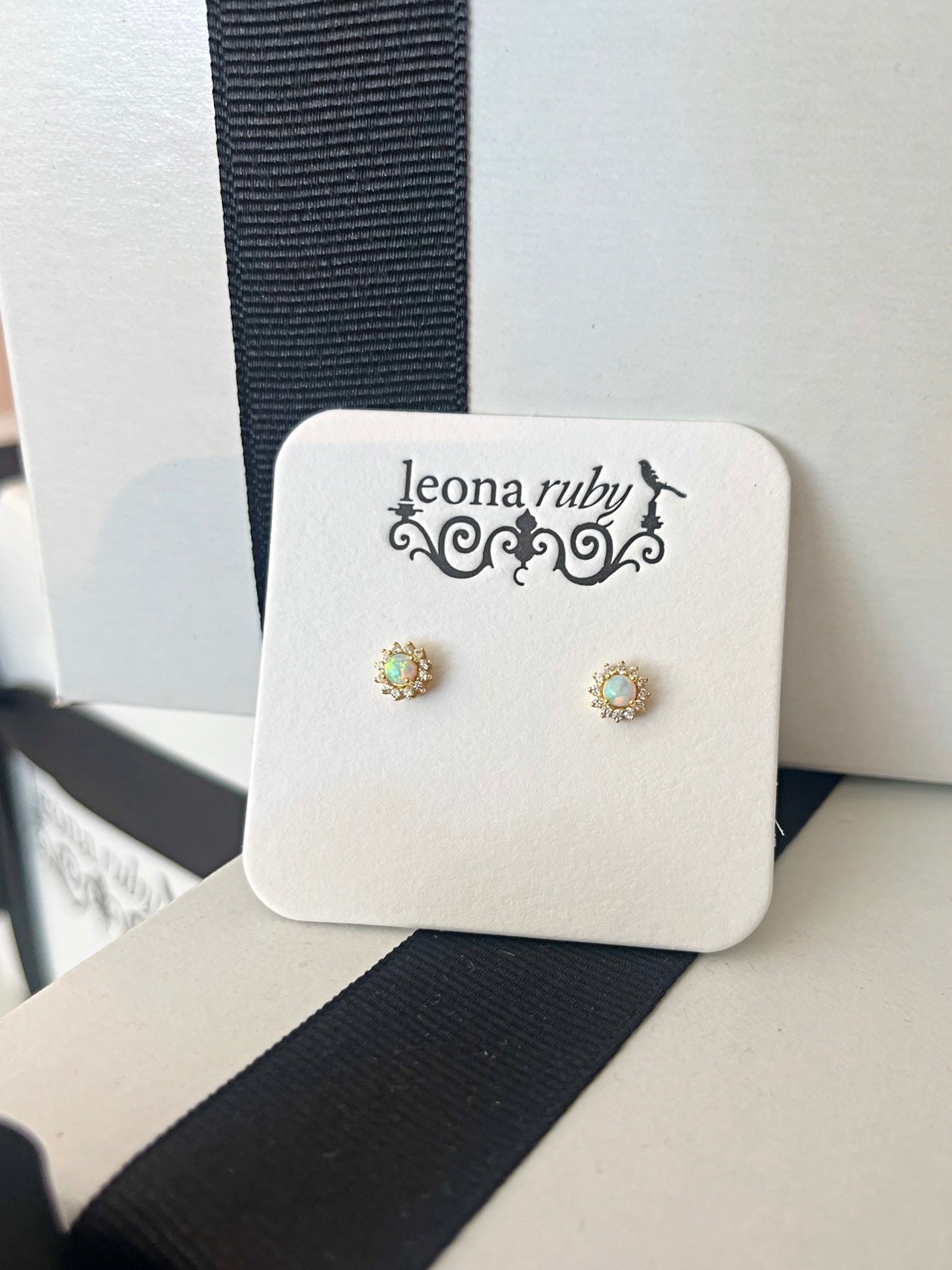 Opal & Rhinestone Flower Post Earrings {Gold}