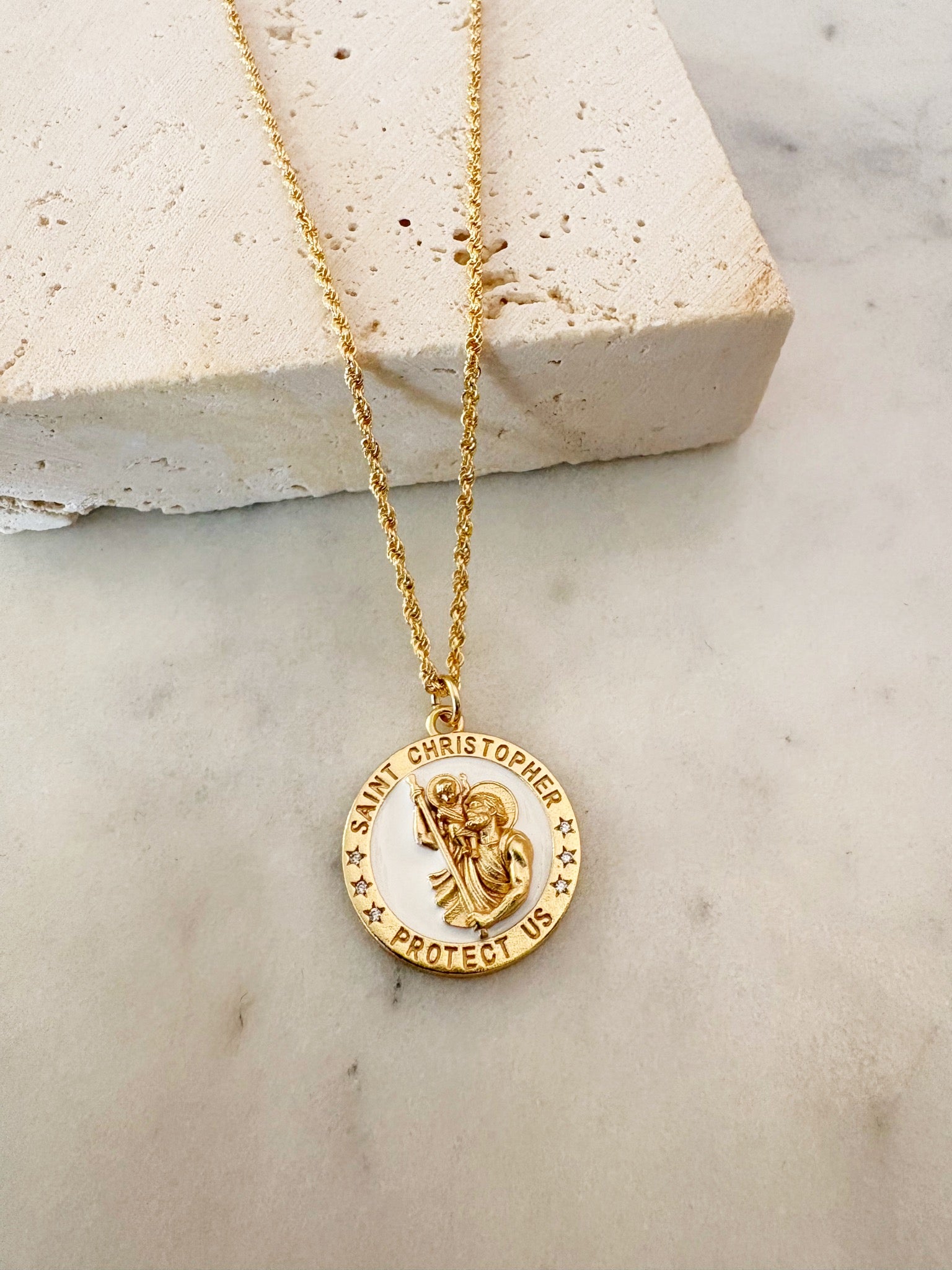 Enamel St Christopher Necklace {Gold/White}