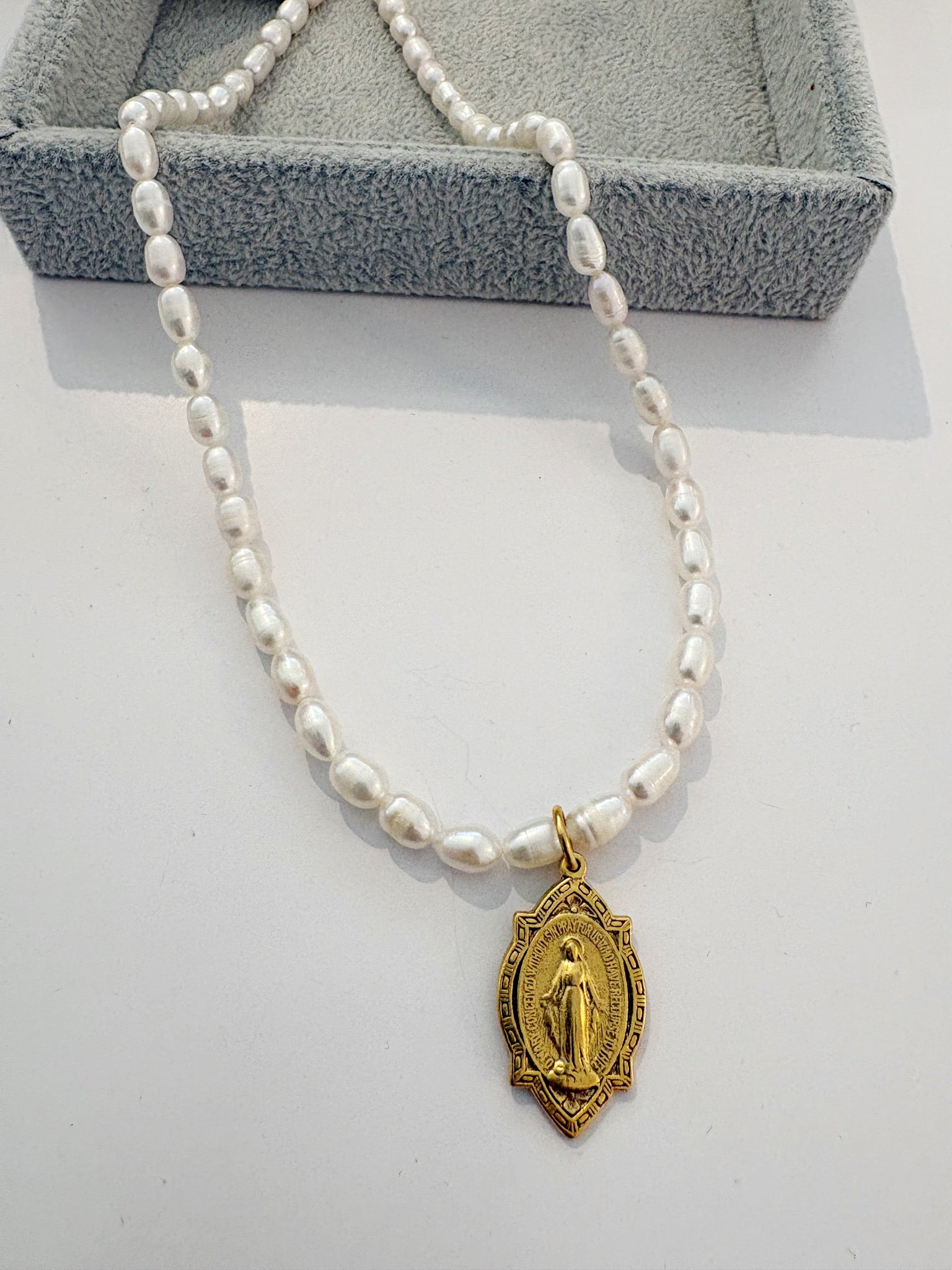 Sacred Beaded Pearl Necklace {Gold/Unique Mary}