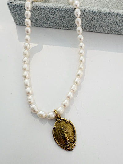 Sacred Beaded Pearl Necklace {Gold/Shield of Mary}