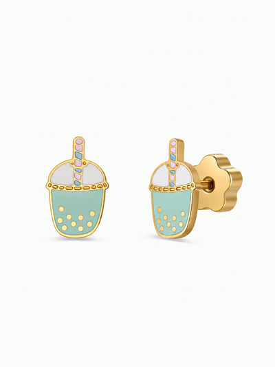 Matcha Drink Enamel Flatback Earrings {Gold}