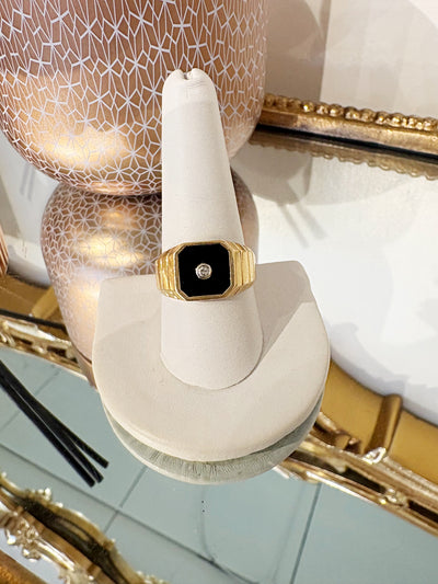 Black Onyx and Diamond Signet Ring {14kt/Estate}