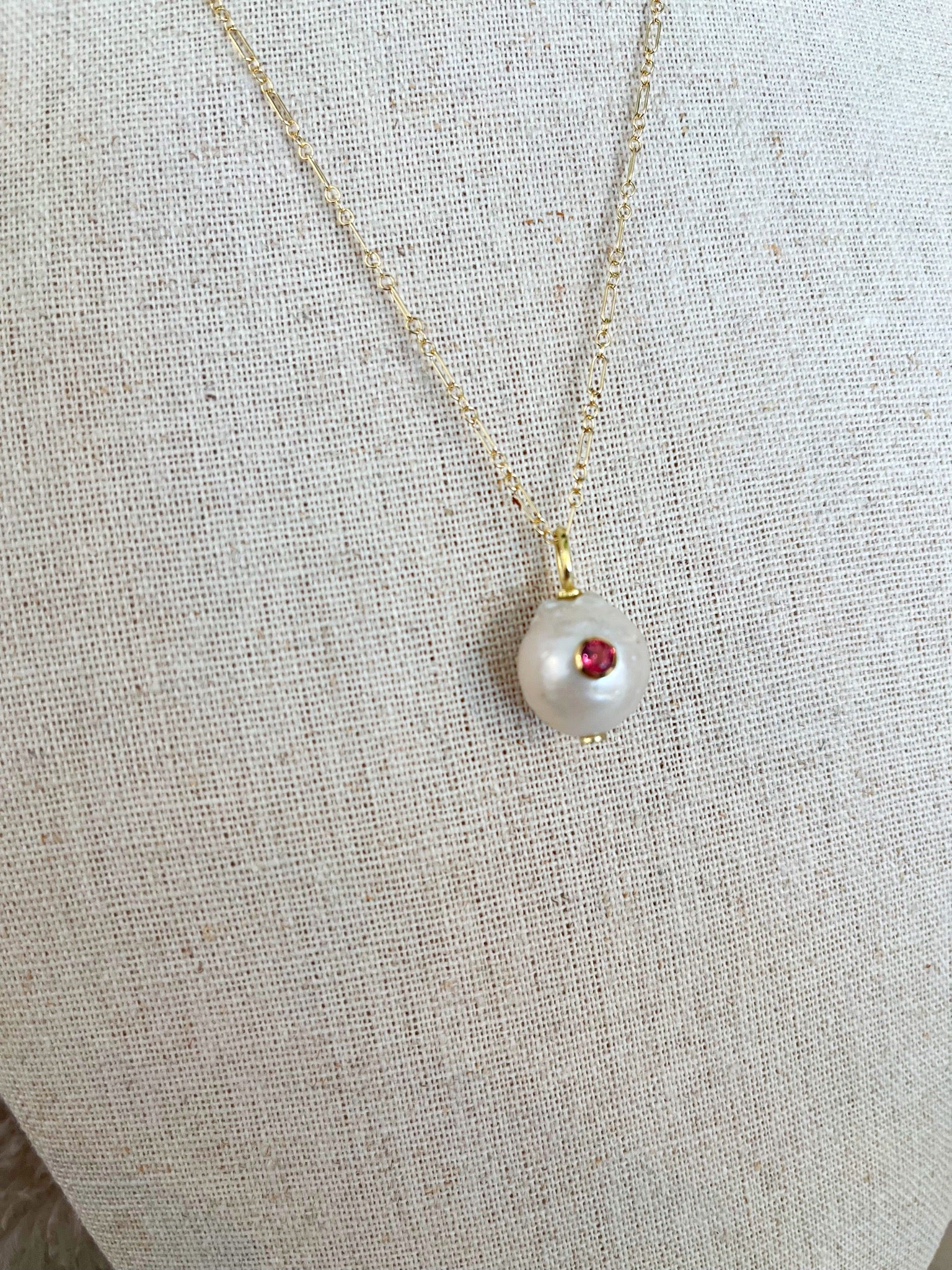 Pearl and Bezel Pink Quartz Necklace {Gold}