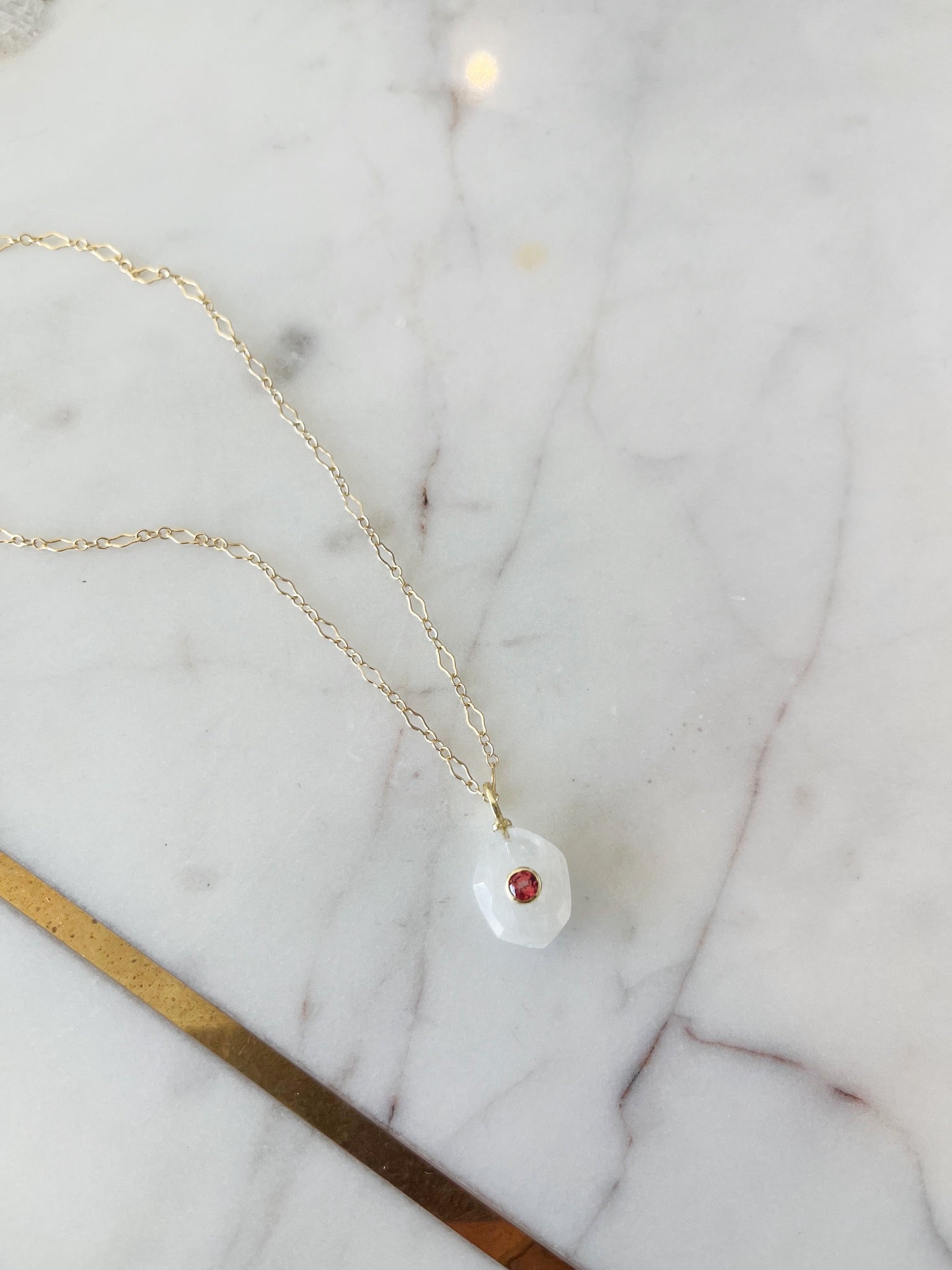 Moonstone and Bezel Pink Quartz Necklace {Gold}
