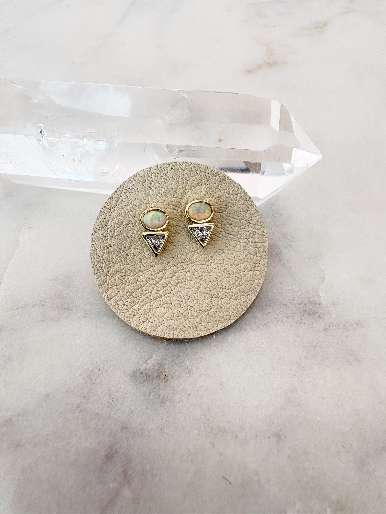 Bezel Opalite Tri Crystal Drop Stud Earring {Gold}