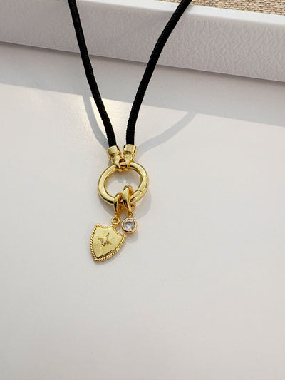 Effie Crystal and Shield Charms on Kai Corded Necklace {Gold/Black}