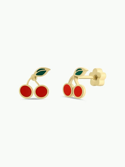 Cherry Enamel Flatback Earrings {Gold}