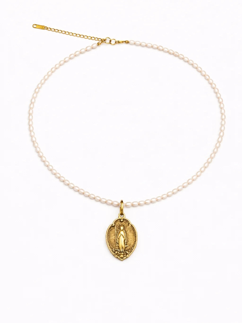 Sacred Beaded Pearl Necklace {Gold/Shield of Mary}