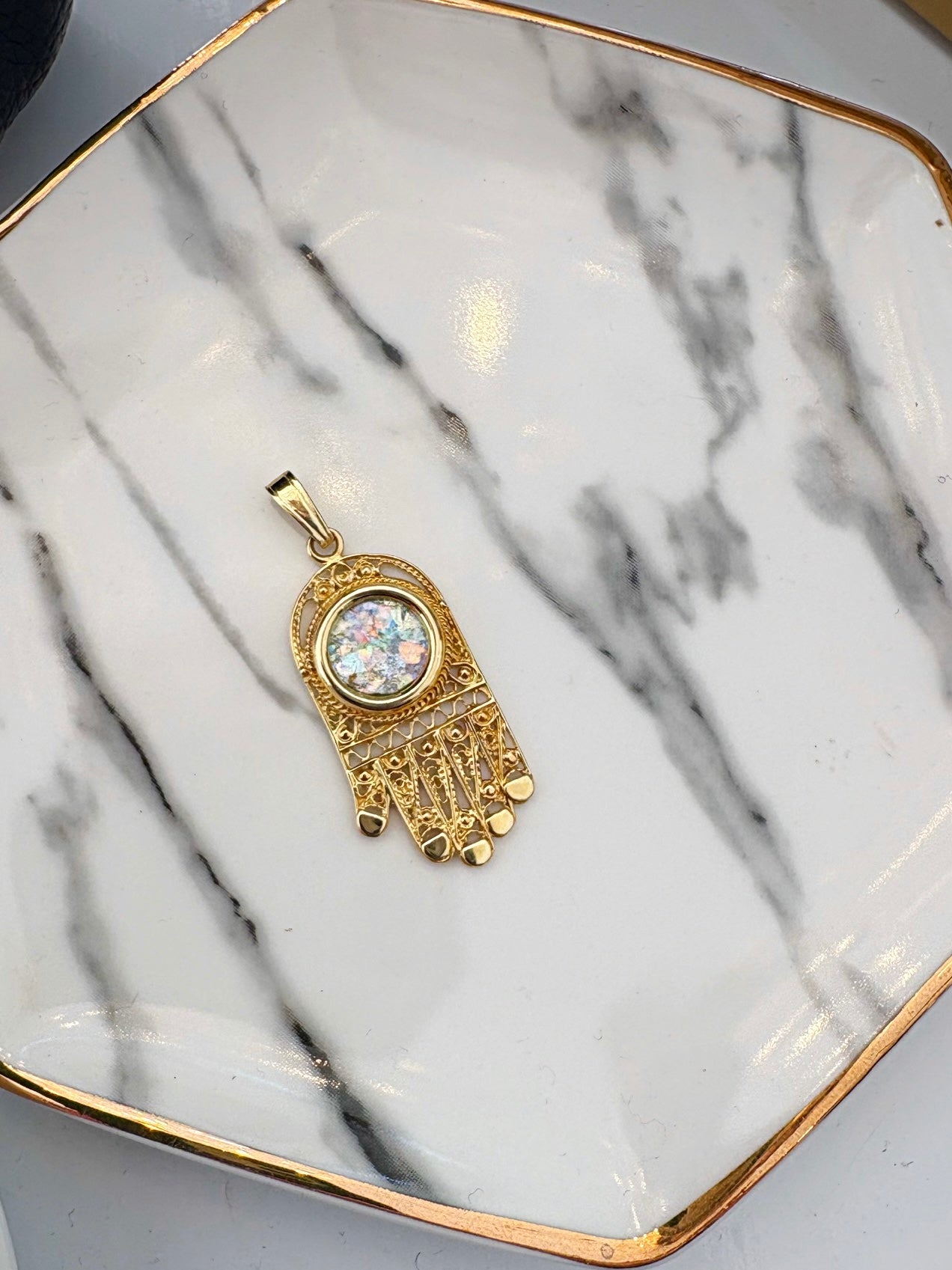 Roman Glass Hamsa {14kt/Estate}