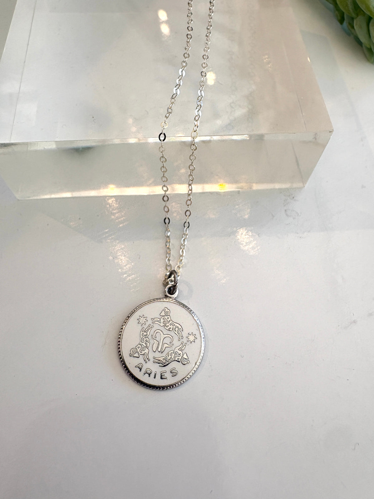Aries Enamel Coin Necklace {Estate/Silver}
