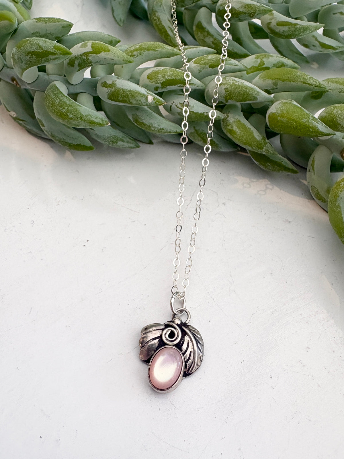 Mother of Pearl Botanical Pendant Necklace {Estate/Silver}