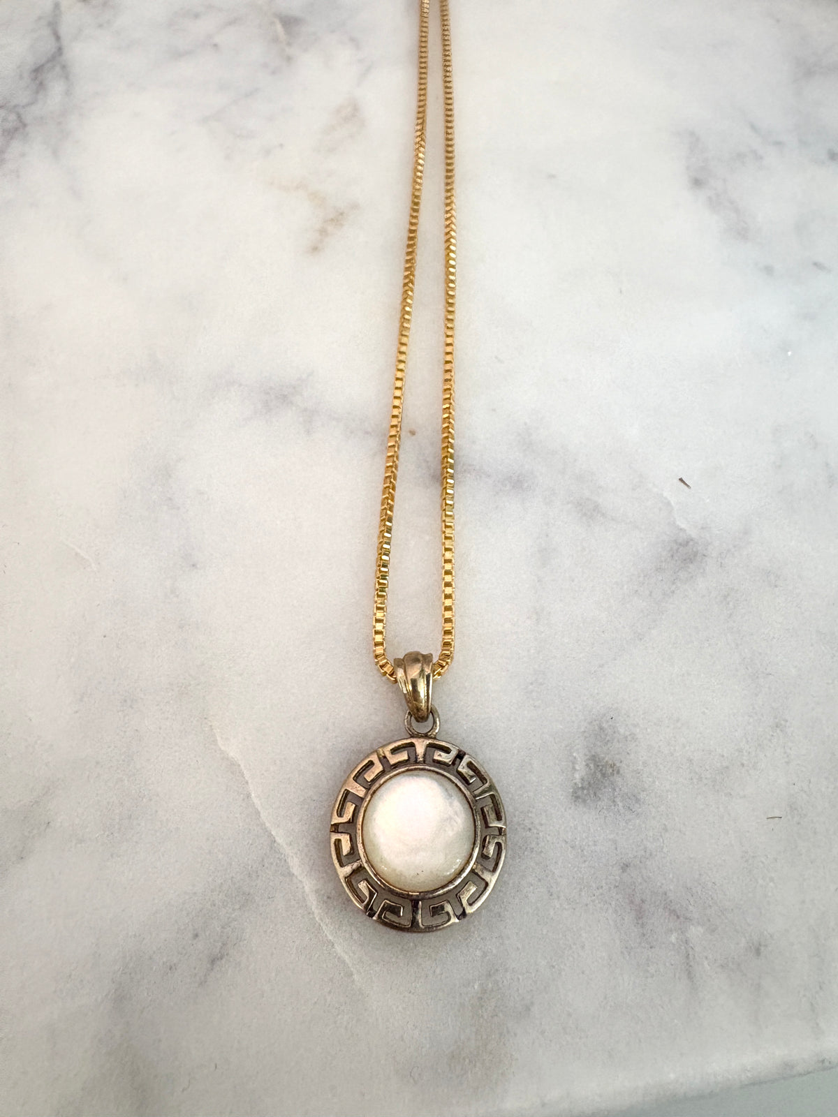 Mother of Pearl Greek Medallion Necklace {Gold/Estate}