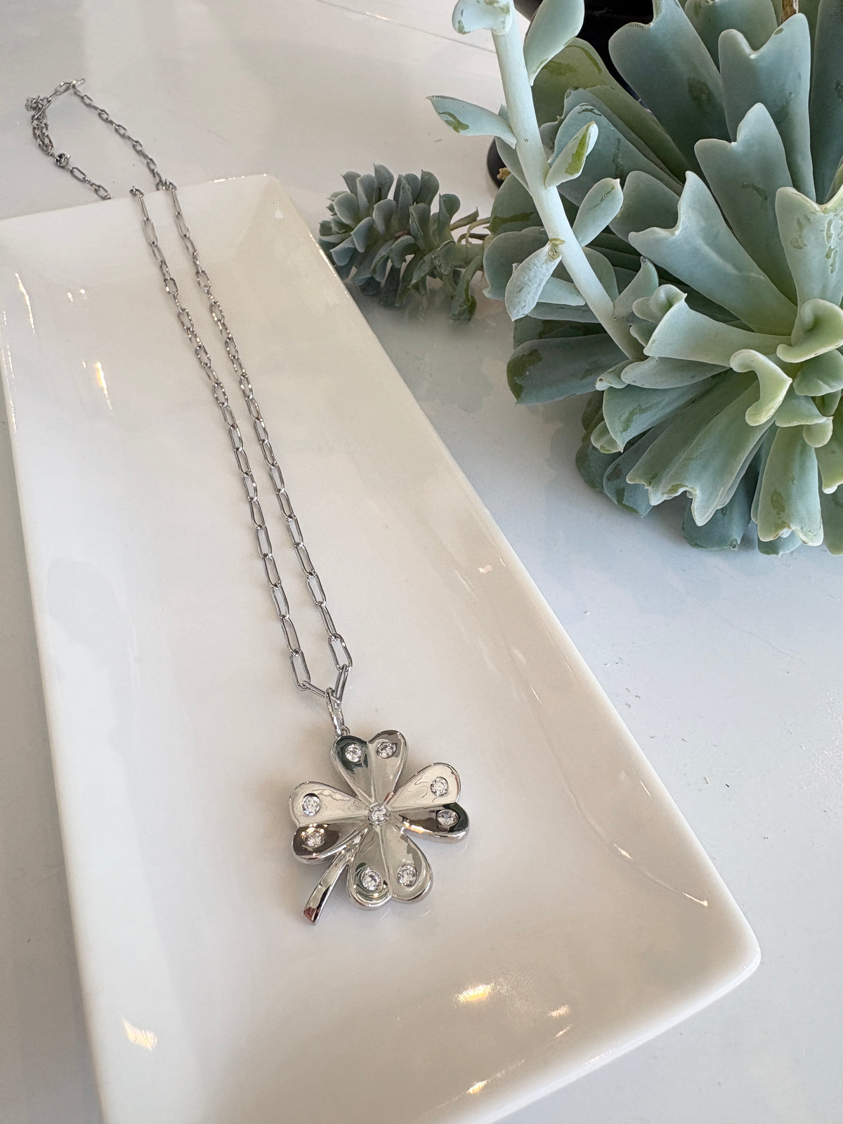 Lucky Clover Paperclip Chain Necklace {Silver}