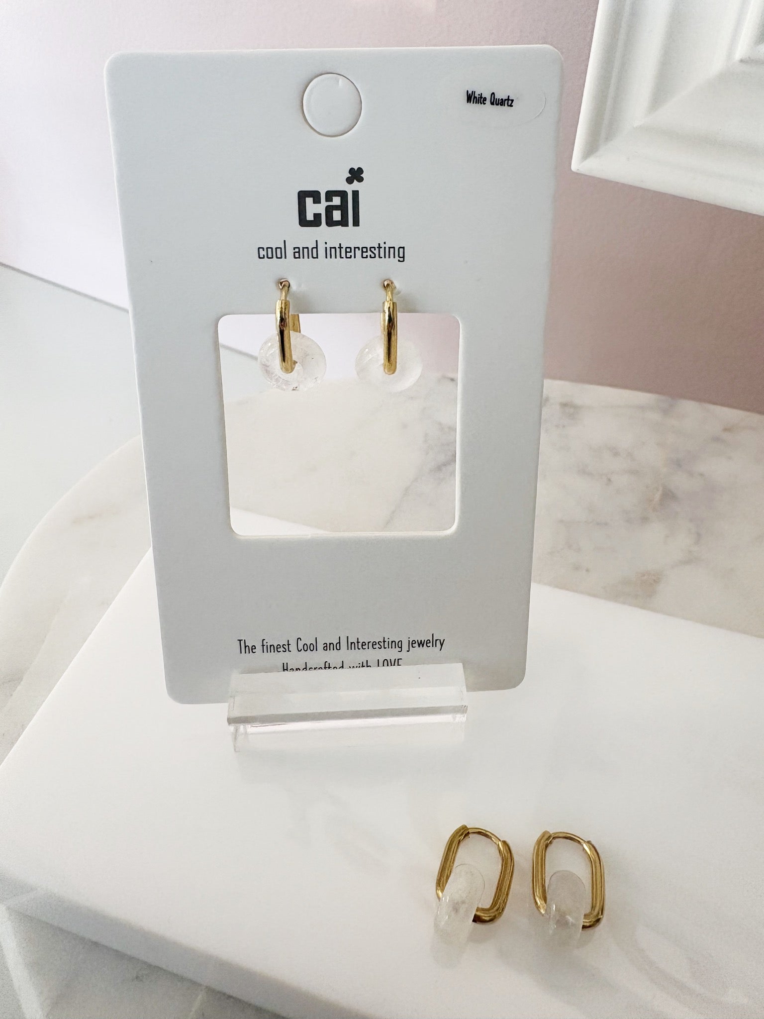 Oval White Quartz Hoop Earrings {Gold}