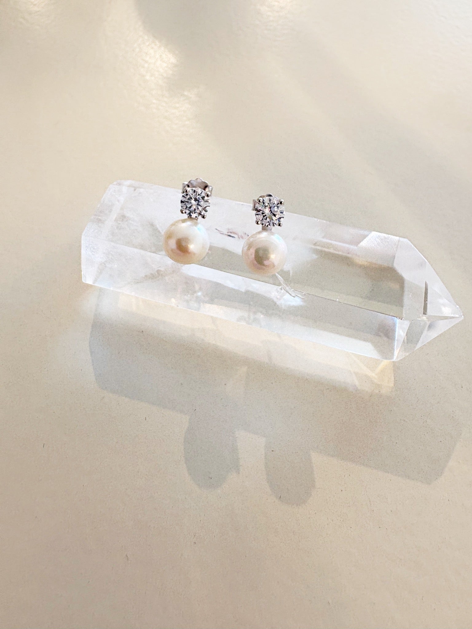 Prong-Set Sparkle Pearl Drop Earrings {Silver}
