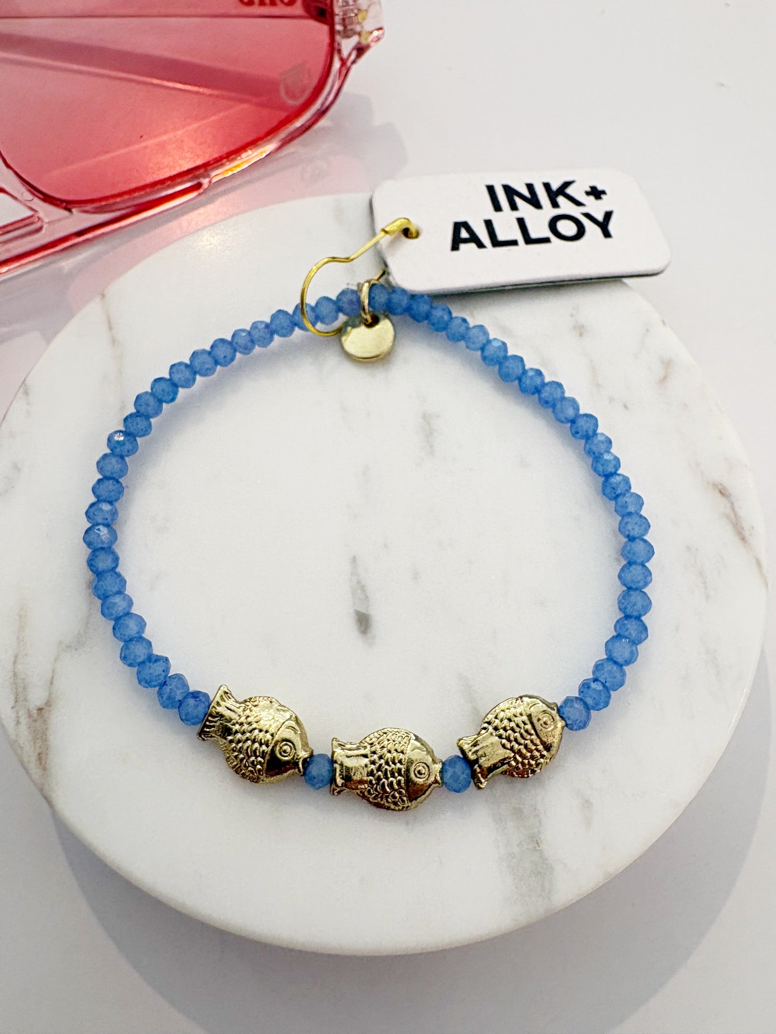 Janie Crystal Stretch Bracelet With Brass Fish Charms {Gold/Blue}