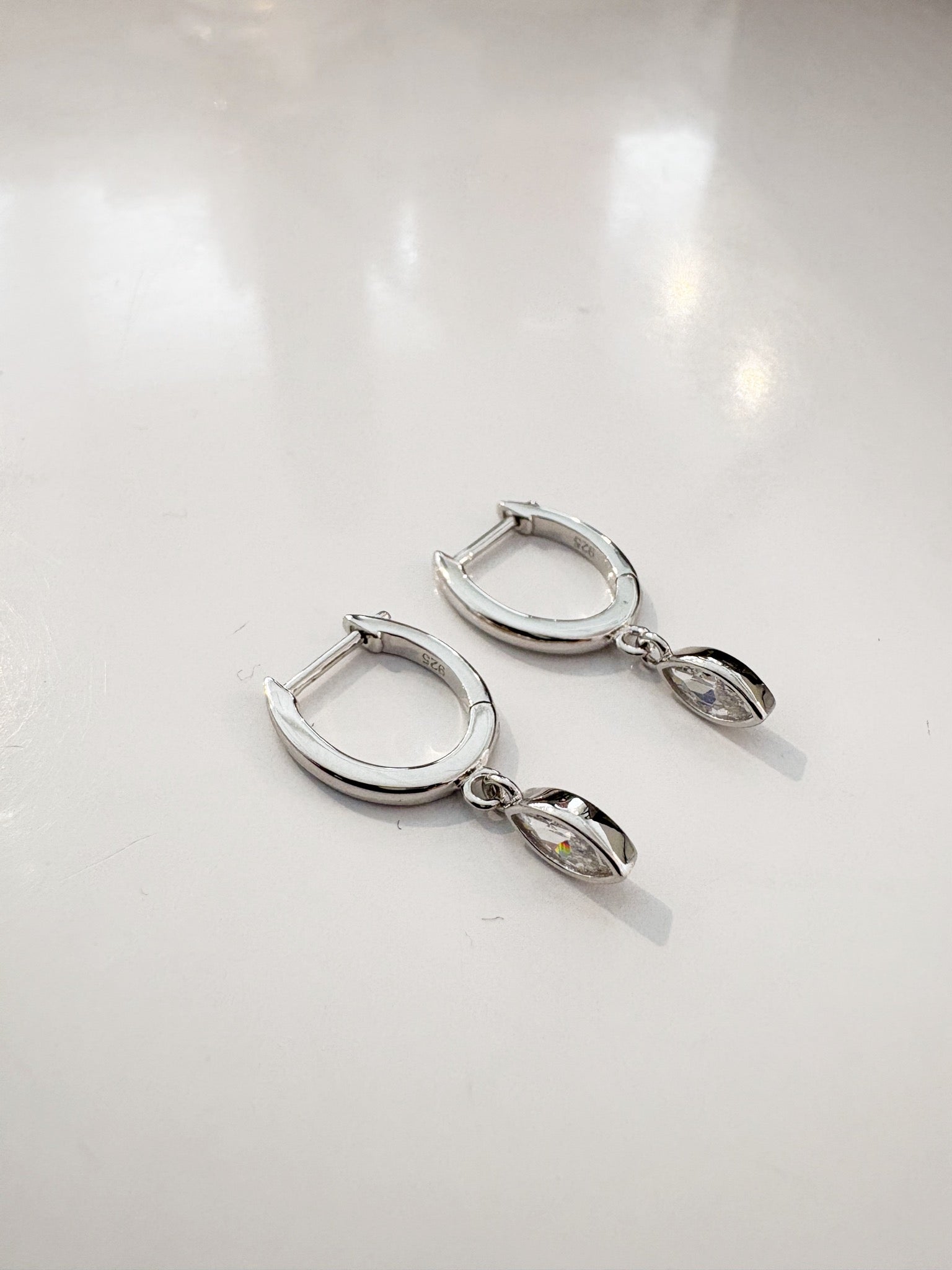 Marquise Drop Huggie Earrings {Silver}