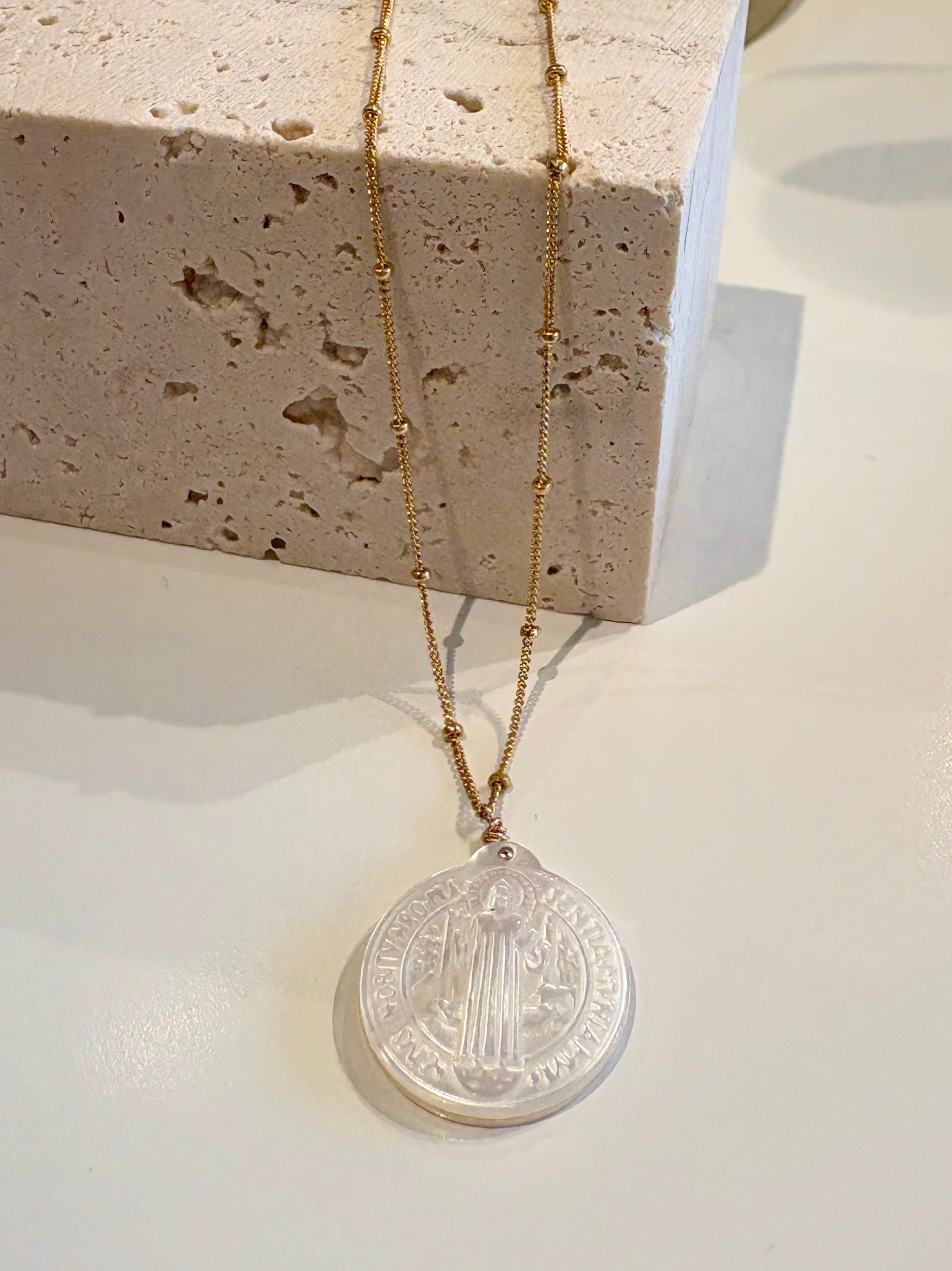 St Benedict Mother of Pearl Medallion Necklace {Gold}