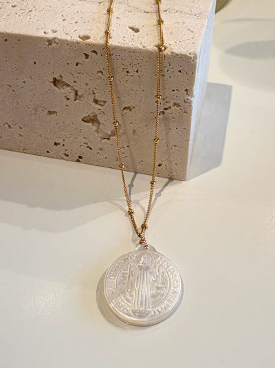 St Benedict Mother of Pearl Medallion Necklace {Gold}