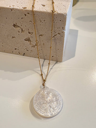 St Benedict Mother of Pearl Medallion Necklace {Gold}